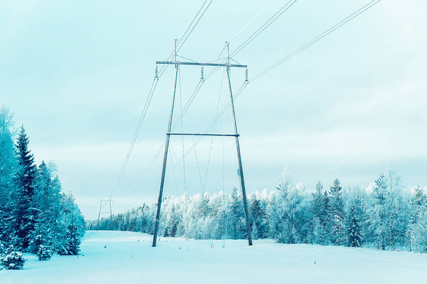 Elektrické přenosové linky, Finsko, v zimě Rovaniemi, Laponsko - Fotografie, Obrázek