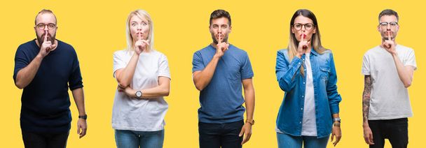 Collage of group people, women and men over colorful yellow isolated background asking to be quiet with finger on lips. Silence and secret concept. - Photo, Image
