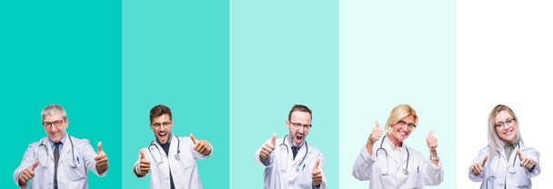 Collage de grupo de médicos que usan estetoscopio sobre coloridos antecedentes aislados que aprueban hacer un gesto positivo con la mano, pulgares arriba sonriendo y felices por el éxito. Mirando a la cámara, gesto ganador
. - Foto, imagen