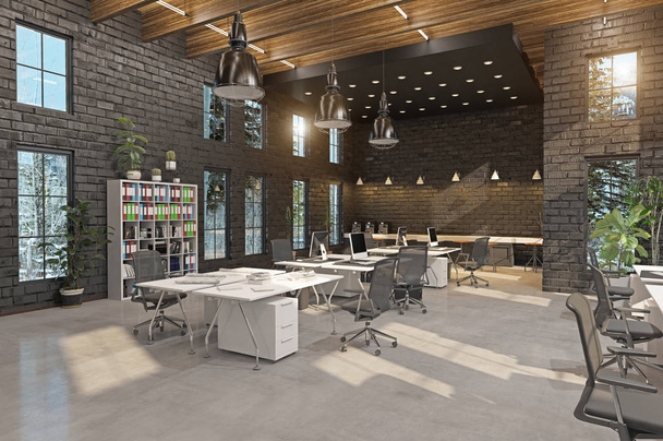 nowoczesny loft obszar wnętrz biurowych. koncepcja projektowania renderowania 3D - Zdjęcie, obraz