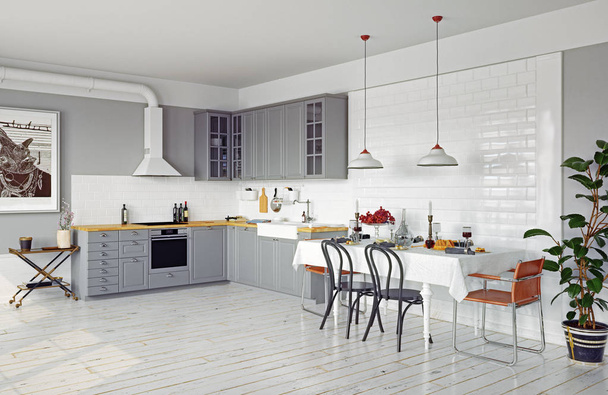 modern style design kitchen interior. 3d rendering concept - Photo, Image