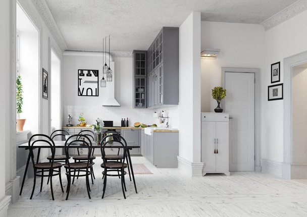 moderne stijl design keuken interieur. 3D rendering concept - Foto, afbeelding