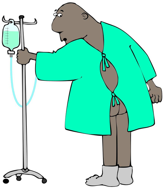Illustration of a male black patient wearing a hospital gown open in the back exposing his butt. - Photo, Image