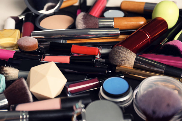 Set of different makeup products and tools as background, closeup - Photo, Image