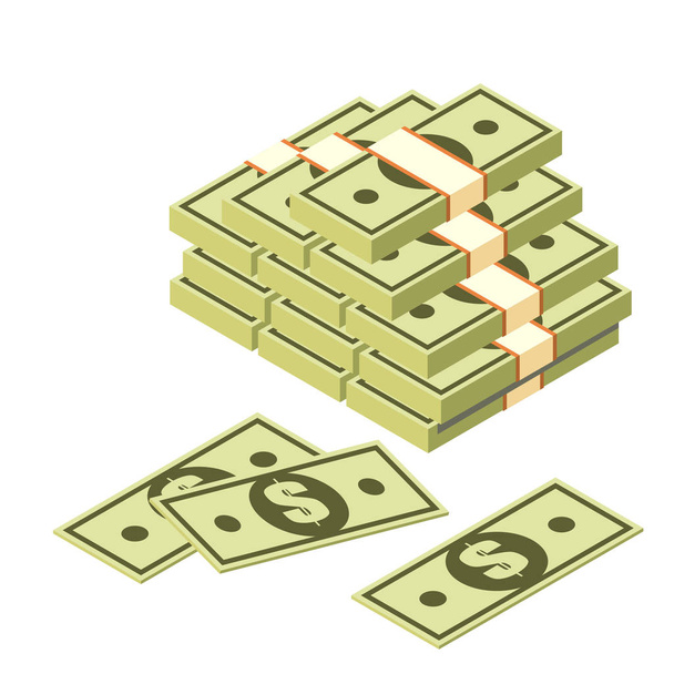 Πακέτα δολάρια σε ισομετρική στυλ σε λευκό φόντο. Σημάδια χρήματα. Το σύμβολο του πλούτου και του πλούτου. Εικονογράφηση διάνυσμα - Διάνυσμα, εικόνα