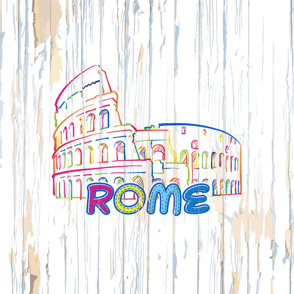 Цветной рисунок Рима на деревянном фоне
 - Вектор,изображение