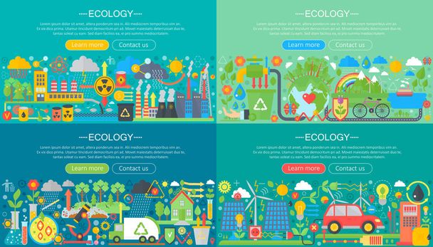 Ecology, green technology, recycle and save the planet horisontal flat concept design horizontal banners set - Vektor, obrázek