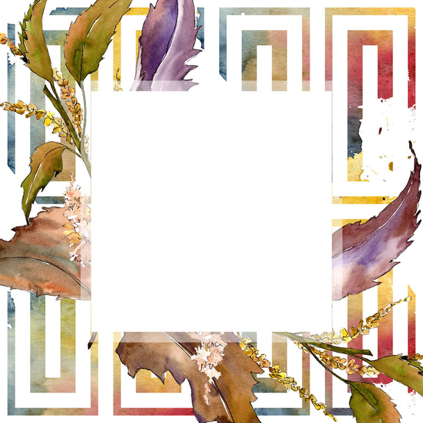 栗茶葉。フレーム枠飾りスクエア。葉植物、庭の紅葉。水彩画背景イラスト セット. - 写真・画像