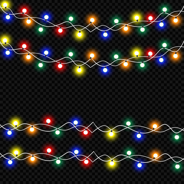 Świecące Christmas lights na białym tle realistyczne elementy. Girlandy, ozdoby świąteczne oświetlenie efekty - Wektor, obraz