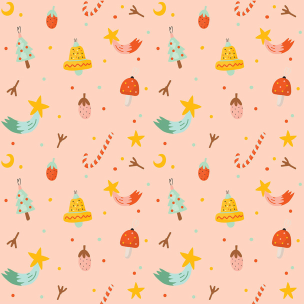 Christmas and Happy New Year cheerful seamless pattern. Lovely winter illustration with cute and character traditional elements in scandinavian style. Vector. Good fabric design and wrapping paper - Vektor, kép