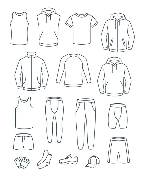 Outline men casual clothes for fitness training. Basic garments for gym workout. Vector thin line icons. Outfit for active man. Sport style linear male shirts, pants, jackets, tops, bottoms, shorts - Vector, Image