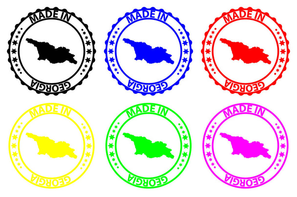 Gyártott-ban Grúzia - gumibélyegző - vektor, Georgia megjelenítése minta - fekete, kék, zöld, sárga, lila és piros - Vektor, kép