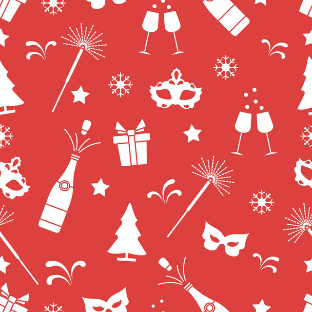 Seamless pattern with new year symbols. Gifts, fireworks, bottle and glasses with champagne, christmas tree, mask, stars, snowflakes. - Vector, Imagen