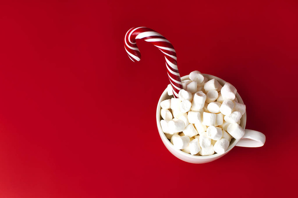Joulun uudenvuoden juoma, valkoinen muki vaahtokarkkeja ja Candy Cane punaisella taustalla ylhäältä Flat Lay kopioi tilaa. Talvi perinteinen juoma ruokaa. Juhlallinen sisustus juhla joulu loma 2019
 - Valokuva, kuva