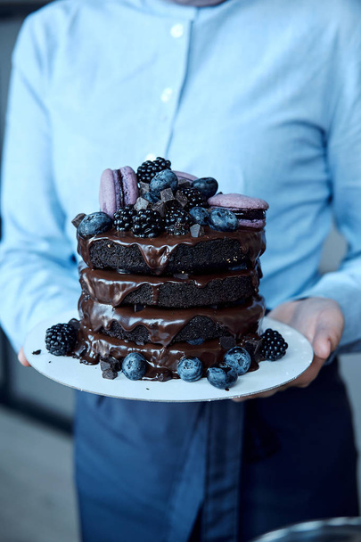 Fresh delicious homemade chocolate cake with berries and macaroni. - Fotoğraf, Görsel