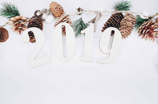 Christmas and New Year composition. 2019 simbols and fir branches with cones on white background. Flat lay, top view, copy space for text - Foto, afbeelding