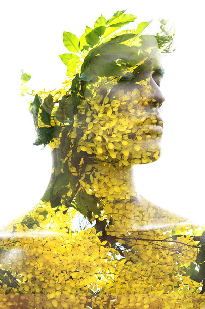 Harmonious growth between living beings and environment. Double exposure - Foto, afbeelding