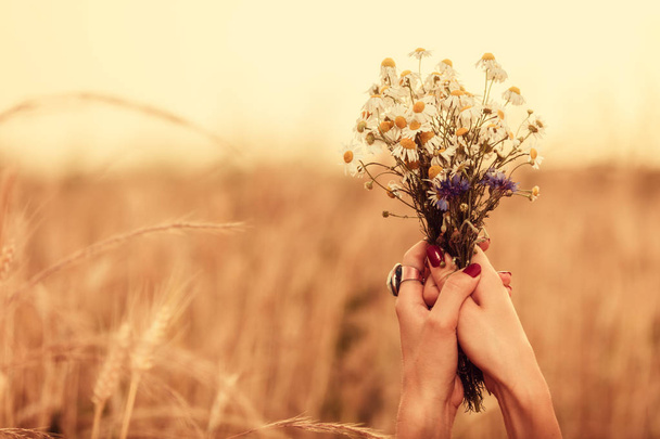 Chica sosteniendo flores en un campo de trigo
. - Foto, Imagen