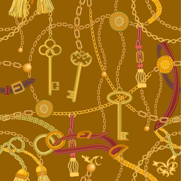 Fashion print with keys, chains and beads. - Вектор,изображение