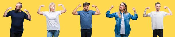 Collage van groep mensen, vrouwen en mannen over kleurrijke gele geïsoleerde achtergrond armen spieren glimlachend trots tonen. Fitness concept. - Foto, afbeelding