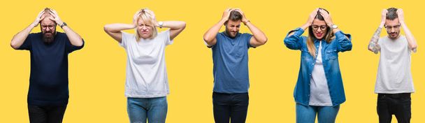 Collage of group people, women and men over colorful yellow isolated background suffering from headache desperate and stressed because pain and migraine. Hands on head. - Foto, Imagem