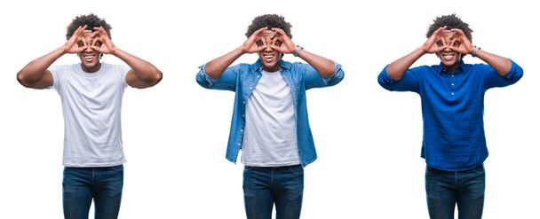 Collage van Afro-Amerikaanse jongeman shirtless en zakenman op geïsoleerde achtergrond doen ok gebaar als verrekijker steken tong uit, ogen kijken door de vingers. Gek expressie. - Foto, afbeelding