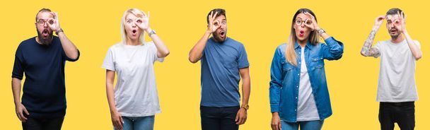 Collage of group people, women and men over colorful yellow isolated background doing ok gesture shocked with surprised face, eye looking through fingers. Unbelieving expression. - Foto, afbeelding