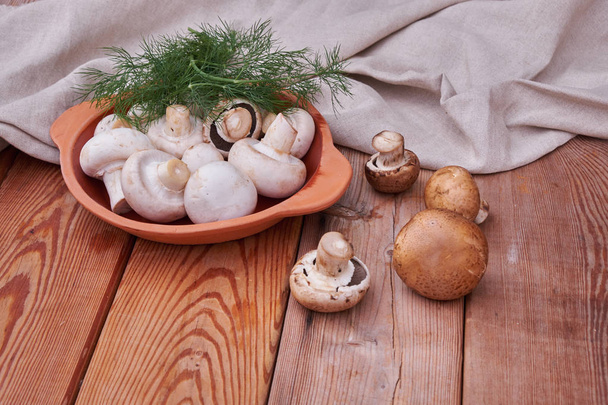 Cogumelos de champignon, verdes frescos em uma chapa cerâmica. estilo país
 - Foto, Imagem