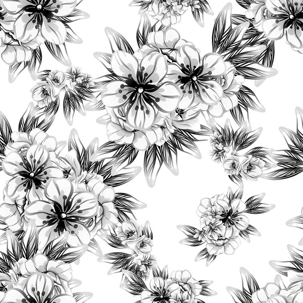 Seamless vintage style flower pattern. Floral elements in black and white. - Vector, afbeelding