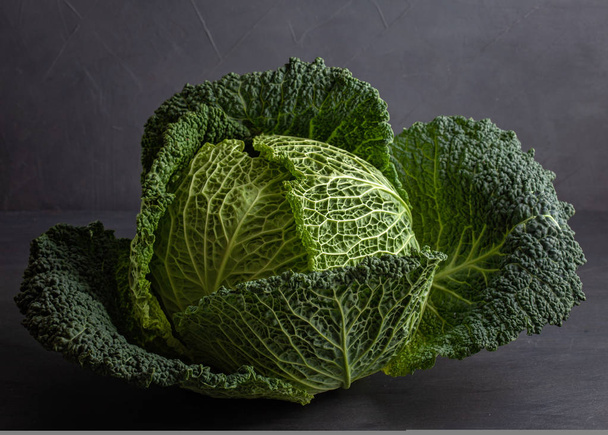 Savoy lahana taze yeşil başının üzerine gri arka plan. Organik Tarım, tarım, alışveriş, sağlıklı yemek kavramı - Fotoğraf, Görsel