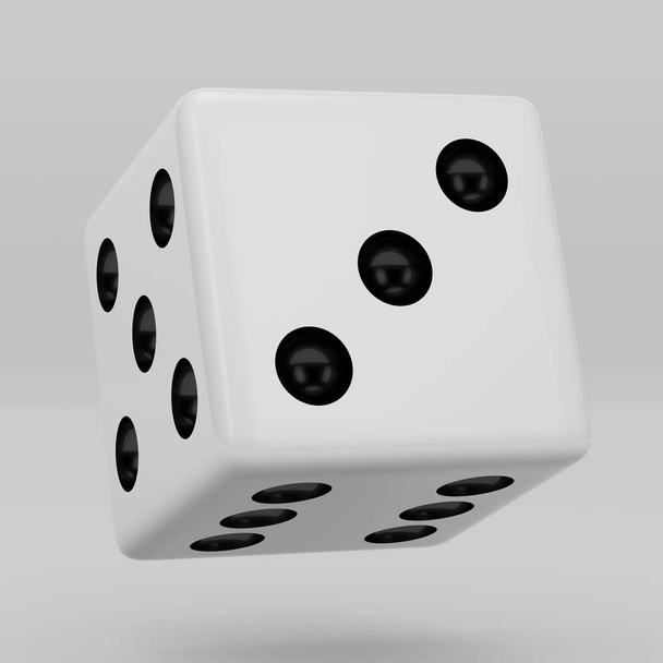Dadi bianchi con puntini neri appesi a metà giro che mostrano il numero 3. 3d rendere dadi cubo isolato su sfondo bianco
 - Foto, immagini