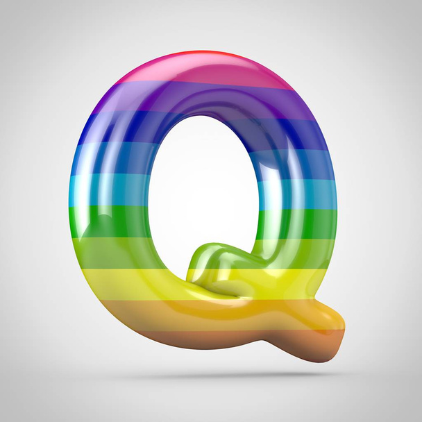 Rainbow litera Q wielkie litery. 3D render błyszczącym czcionek na białym tle. - Zdjęcie, obraz