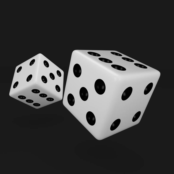 White dice with black dots hanging in half turn showing different numbers. 3d render dice isolated on black background. - Photo, Image