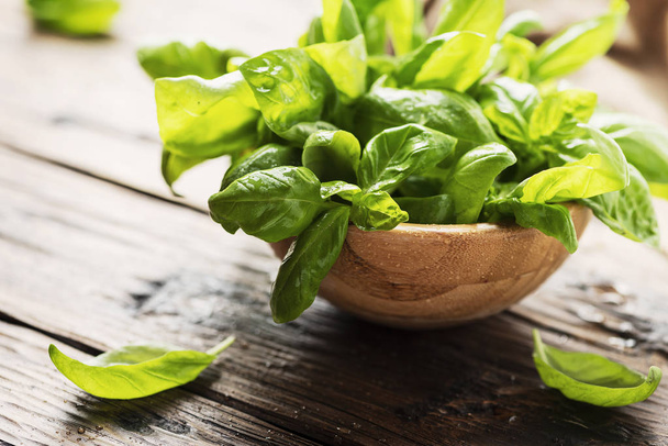 Green fresh basil on the wooden table, selective focus - Foto, Bild