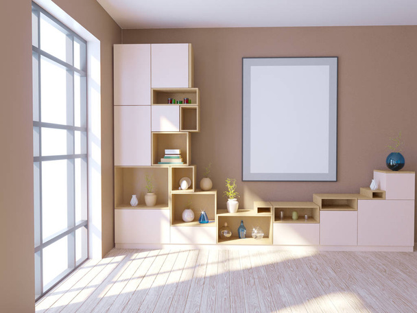 Modern bright interior with empty frame . 3D rendering 3D illustration - 写真・画像