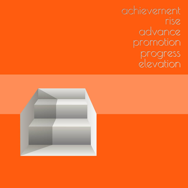Vector illustration with   white stairs on orange background.  3d geometric background with text rise, achievement, elevation,  advance,  promotion,  progress. - Vector, Image
