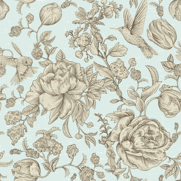 バラとシャクヤク ビンテージ パターンをベクトルします。レトロな花の壁紙, カラフルな背景 - ベクター画像