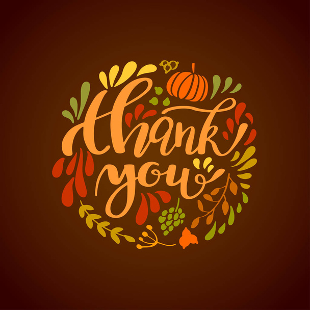 Happy Thanksgiving card design with leaves, fruits and pumpkin round frame and text Thank you, vector illustration. Lettering design - Vettoriali, immagini