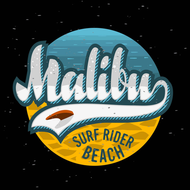 Malibu Surf Rider Beach California Surfing Surf projekt Logo znak etykiety dla reklamy t shirt lub naklejki obraz plakatu ulotki wektor. - Wektor, obraz