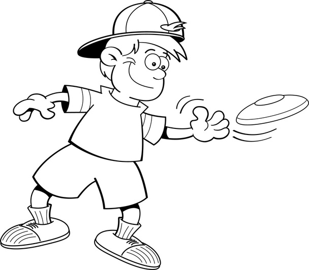 γελοιογραφία παιδί παίζει με έναν ιπτάμενο δίσκο - Διάνυσμα, εικόνα