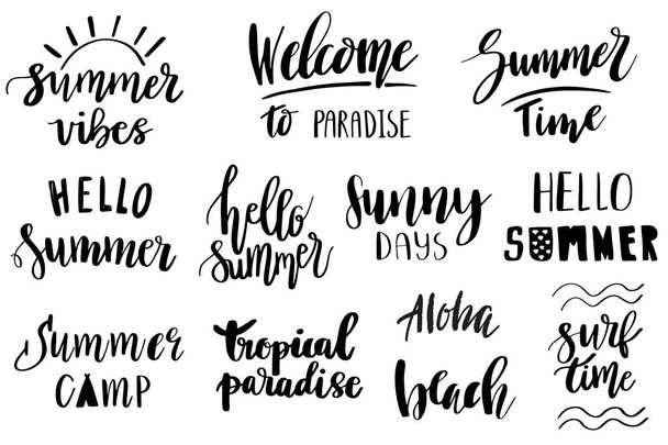 Set of hand drawn summer theme lettering phrases. Modern calligraphy quotes. Can be used for web, print, textile design - Vektori, kuva