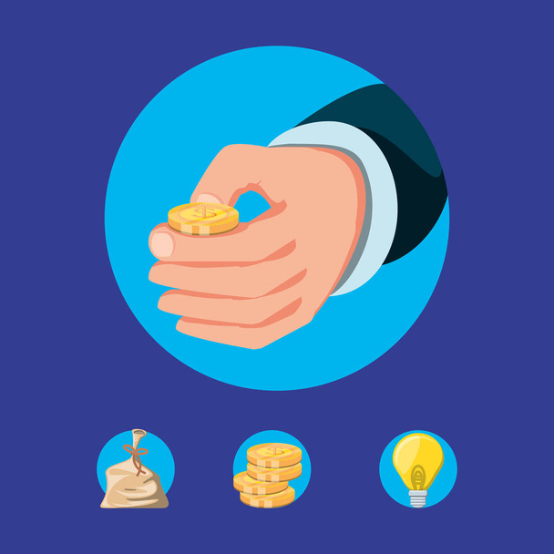 hand with coin dollar and set icons - Vector, Image