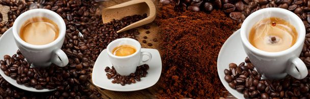 Kaffee-Banner-Collage mit Espresso, Croissant und Kaffeebohnen. - Foto, Bild