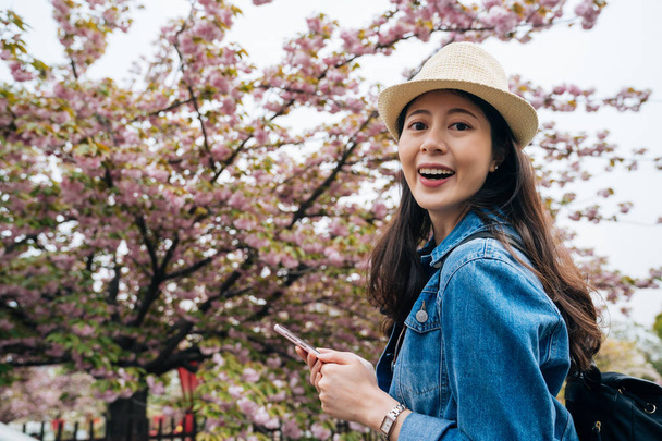χαρούμενα ταξιδιώτης εξετάζοντας app σε απευθείας σύνδεση οδηγός για κινητό τηλέφωνο, επισκεφτείτε την όμορφη κερασιά στην Ιαπωνία μέντα. νεαρή κοπέλα με ψάθινο καπέλο πρόσωπο κάμερα χαμογελώντας ελκυστική. Ασίας τουριστικοί αυτο το ταξίδι. - Φωτογραφία, εικόνα