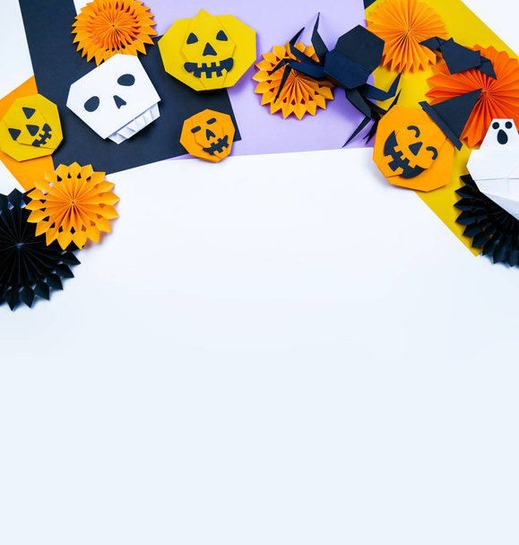 Origami Halloween. Bat, ghost, pumpkin, vampire paper. Copy spase. Creativity children kindergarten - 写真・画像