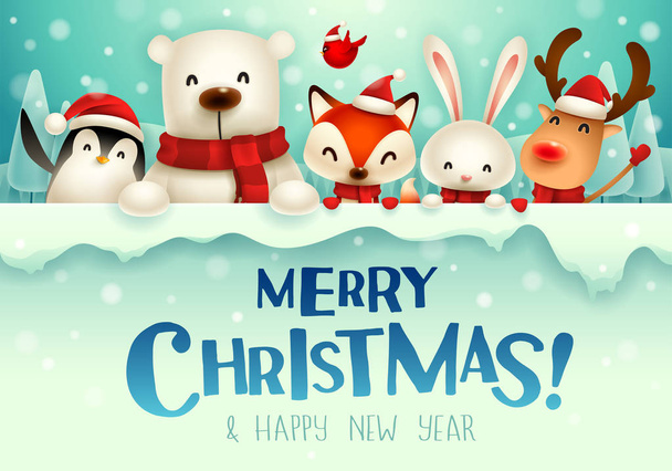 Merry Christmas! Christmas cute animals character with big signboard. - Vector, Imagen