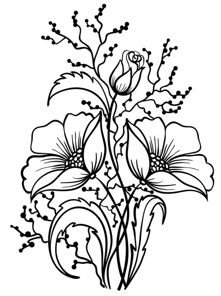 Arrangement of flowers black and white. Outline drawing of lines - Vector, Image