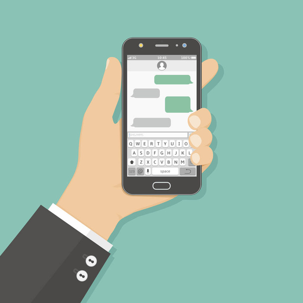 Hand holding smartphone with messaging sms app. Vector illustration in flat style. - Vektor, obrázek
