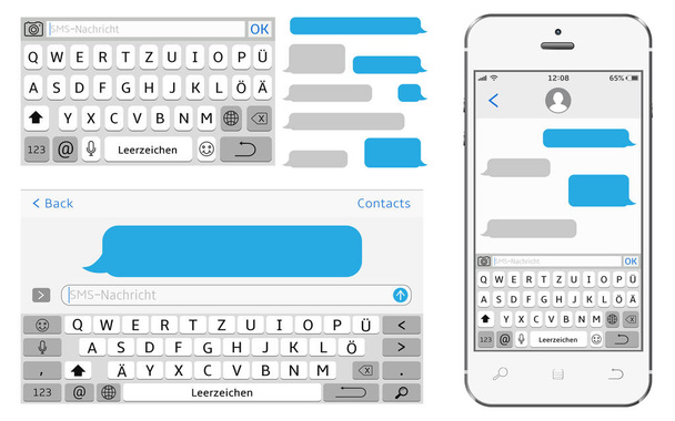 Germany alphabet virtual keyboard. Vector phone chat interface. Sms messenger. Speech bubbles. Vector illustration - Vektori, kuva