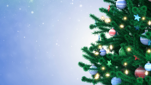 Árbol de Navidad decorado y copos de nieve que caen sobre fondo azul
 - Metraje, vídeo
